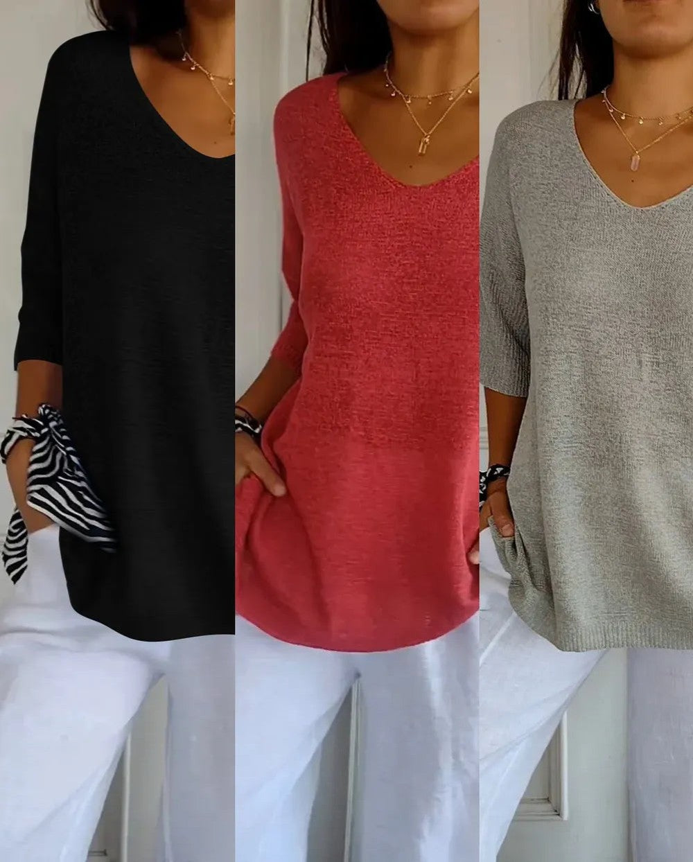 Kit 3 Blusas Luna® em Malha Leve – Decote V — Videtare